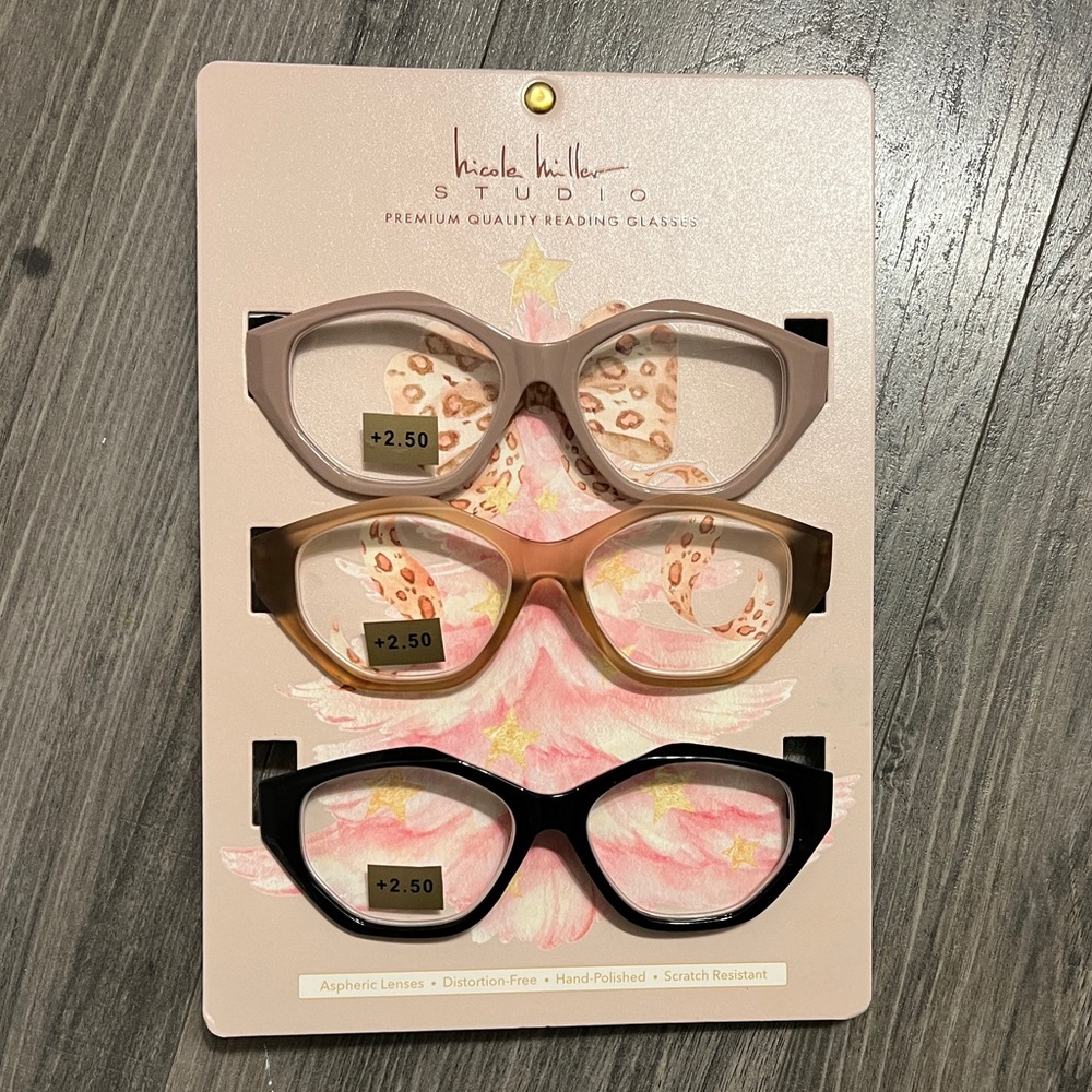 NWT Nicole Miller 3-pk Reading Glasses quality premium 2.5 tan black beige